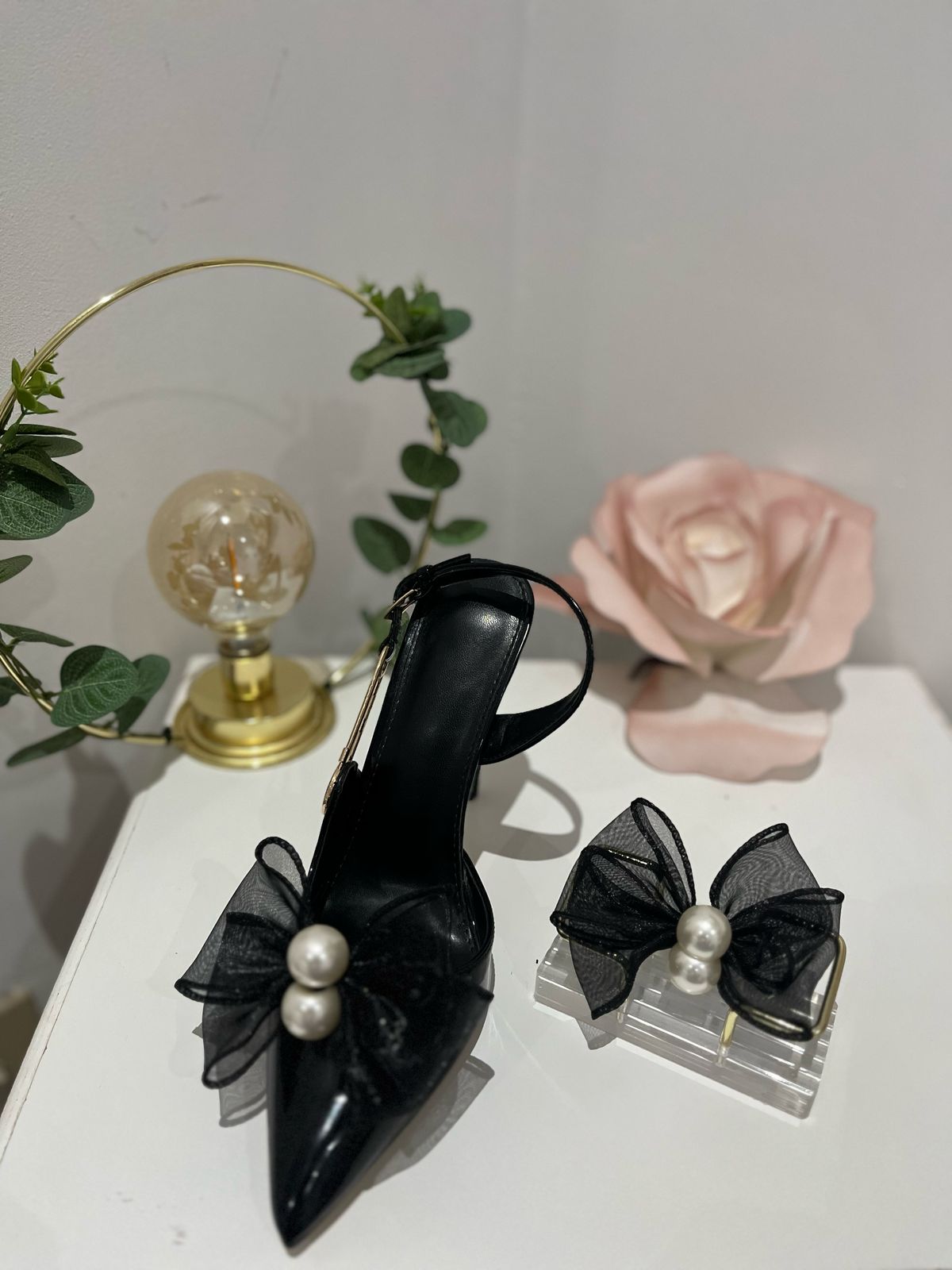 Black Chiffon with Pearl Bow