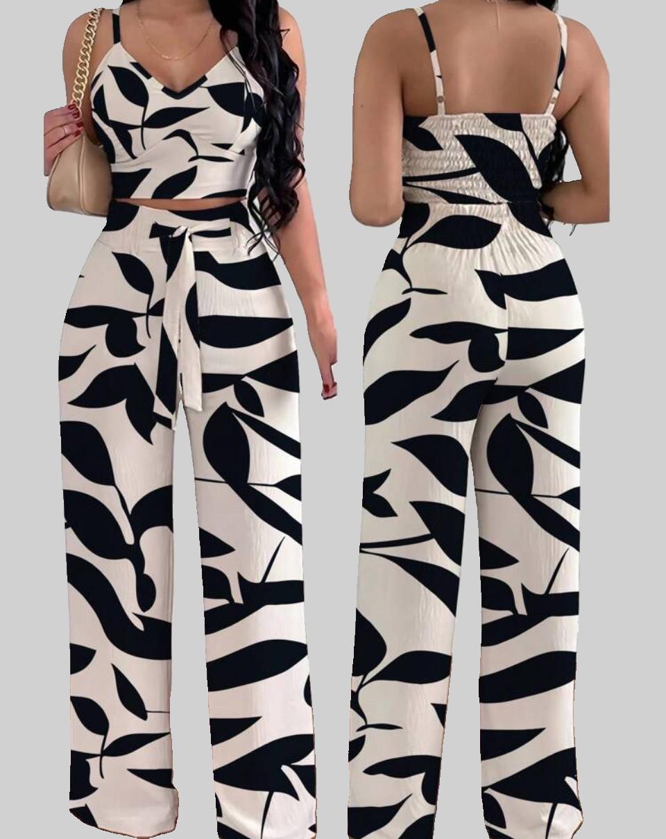 Elegant Leaf Print Two-Piece Set