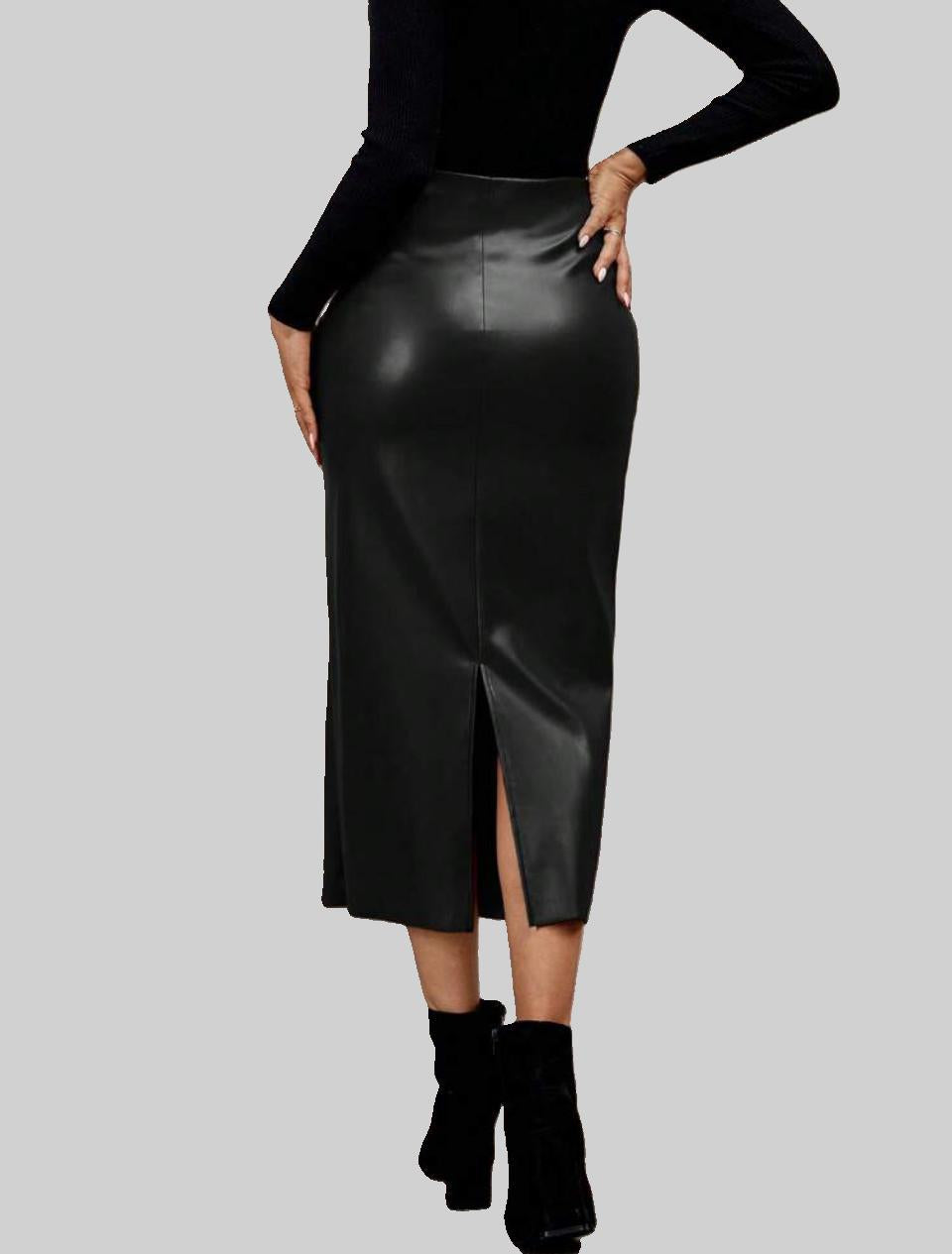 Black Faux Leather Midi Skirt