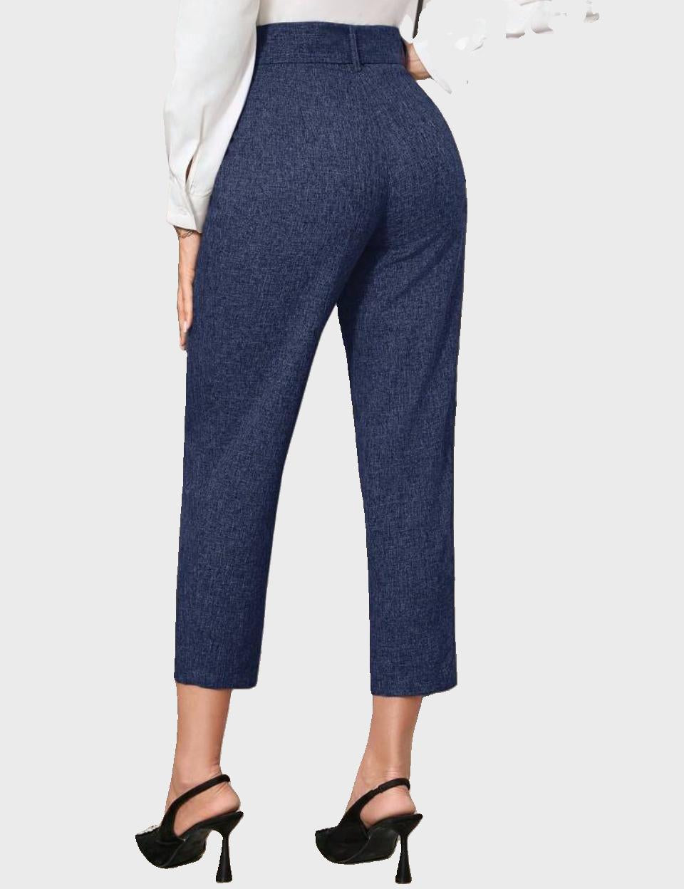 Navy Blue High-Waisted Belted Tapered Pants