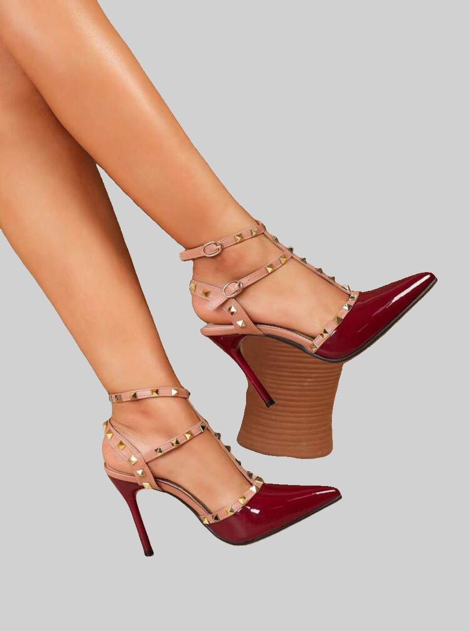 Burgundy Patent Leather Studded High Heel Sandals
