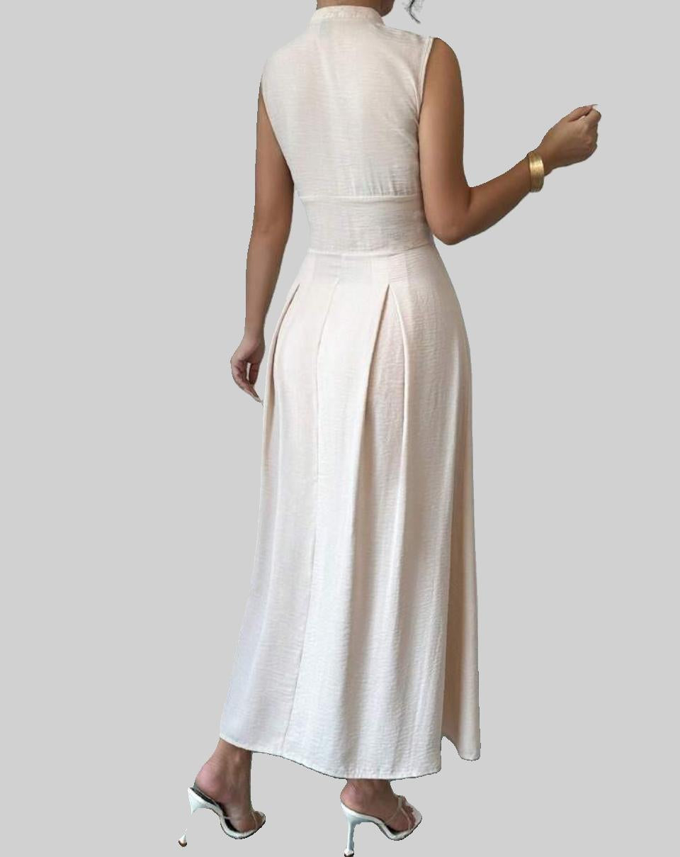 Beige Zip-Front Midi Dress