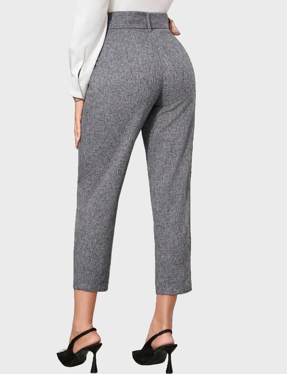 Grey High-Waisted Belted Tapered Pants