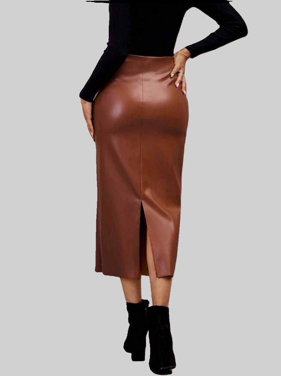 Tan Faux Leather Midi Skirt