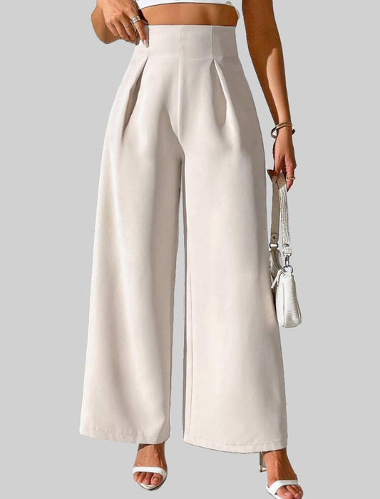 Beige High-Waisted Wide-Leg Pleated Trousers