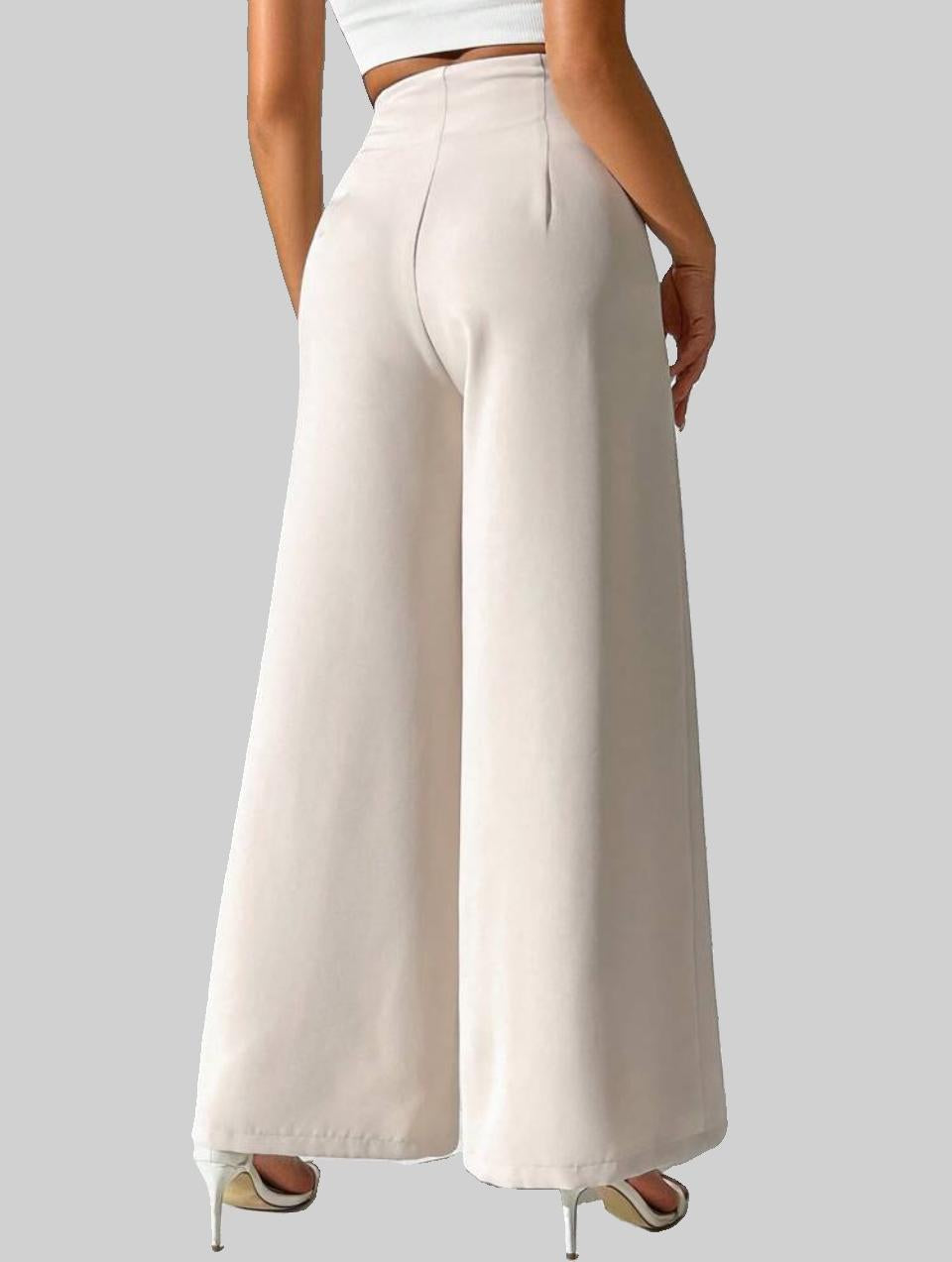Beige High-Waisted Wide-Leg Pleated Trousers