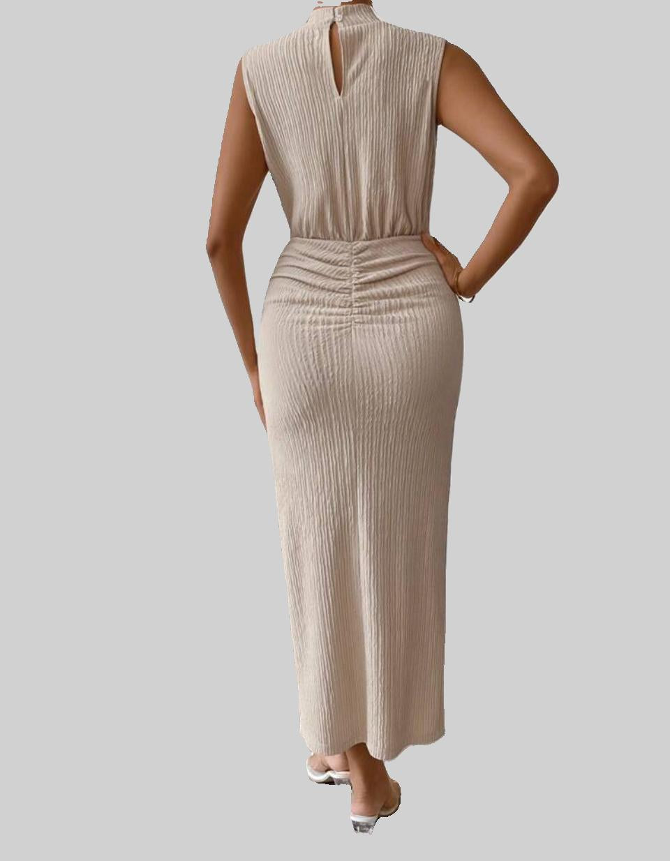 Beige Ruched Midi Dress with Front Slit