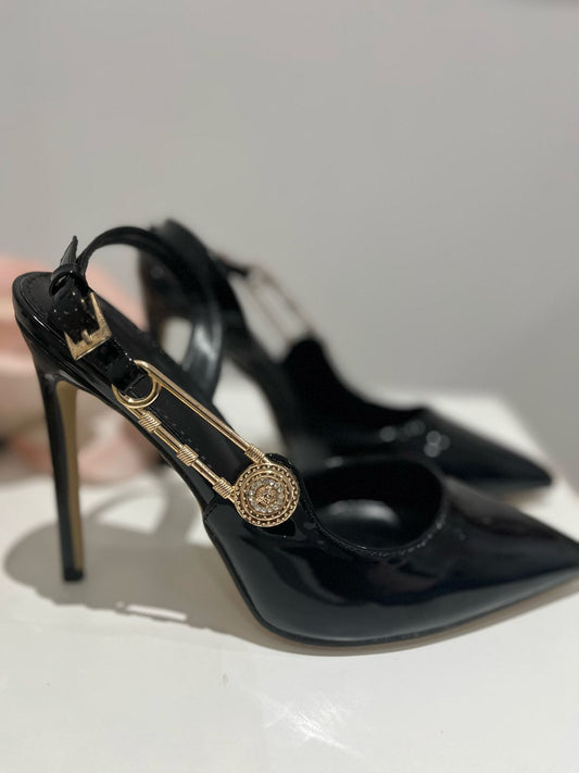 Black Stiletto Heel with Side Gold Pin