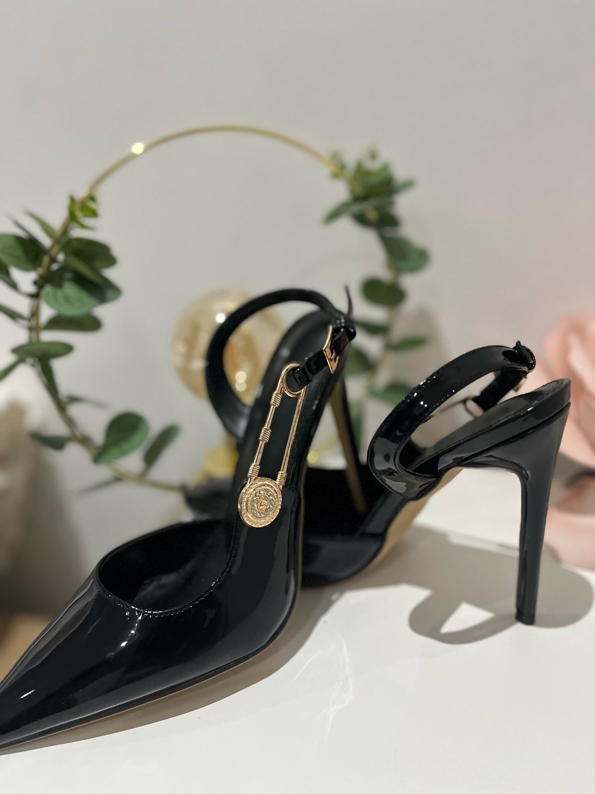 Black Stiletto Heel with Side Gold Pin