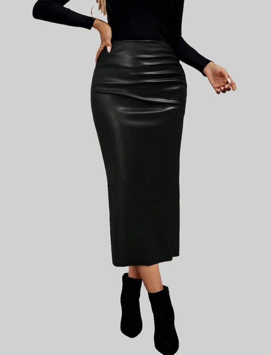 Black Faux Leather Midi Skirt
