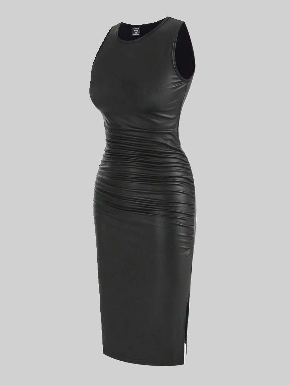 Black Faux Leather Midi Dress