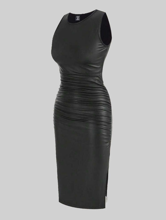 Black Faux Leather Midi Dress