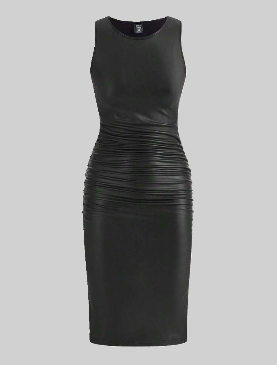 Chic Black Pleather Dress Featuring Ruched Waist