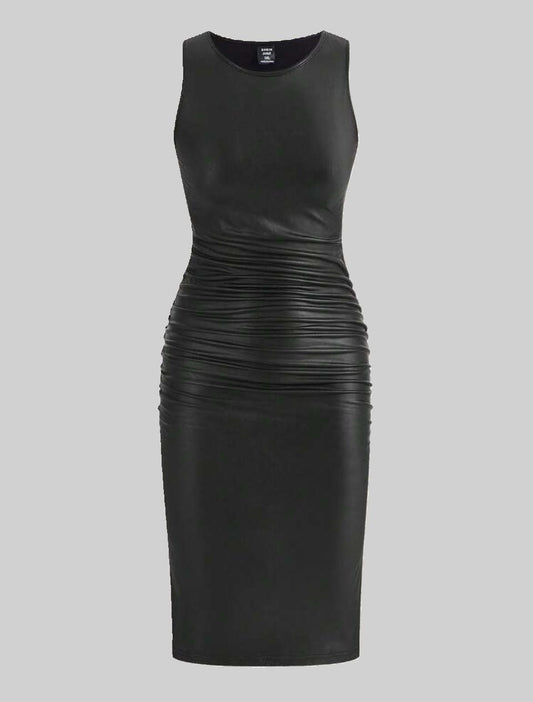 Chic Black Pleather Dress Featuring Ruched Waist
