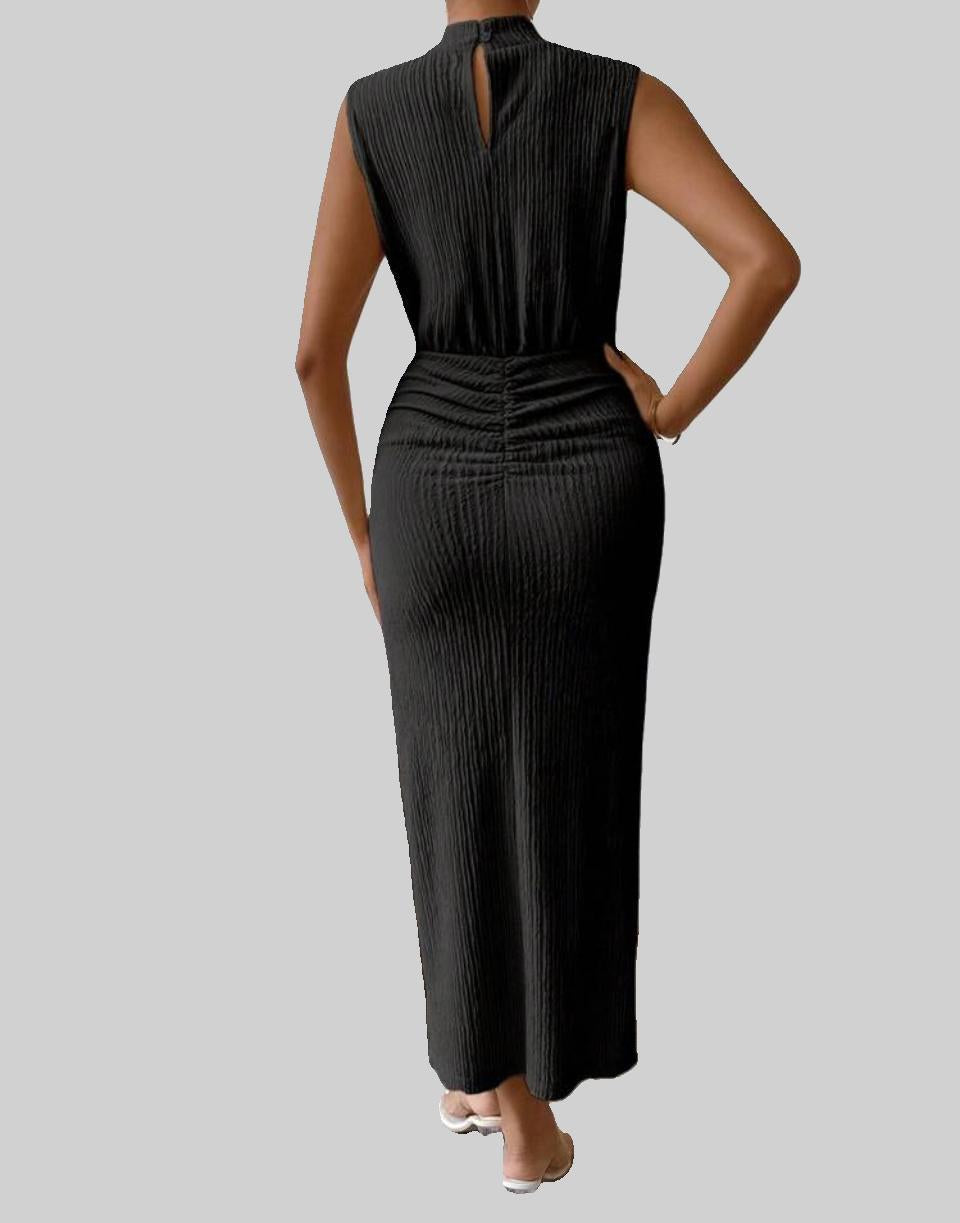 Black Ruched Midi Skirt with Front Slit