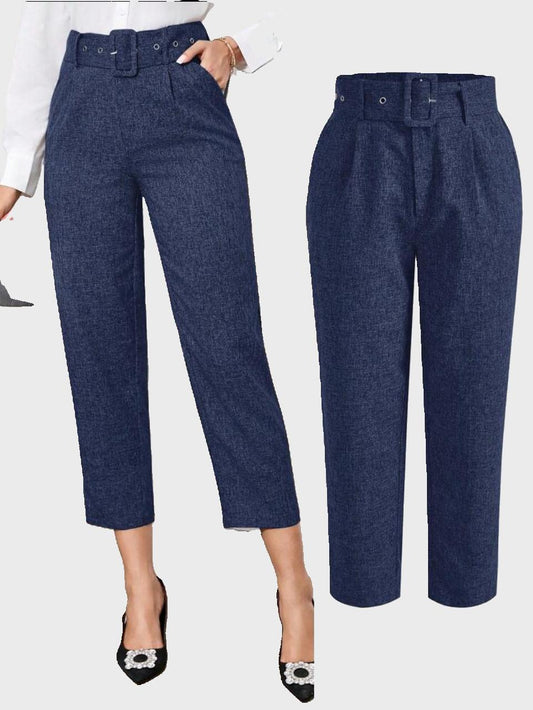 Navy Blue High-Waisted Belted Tapered Pants