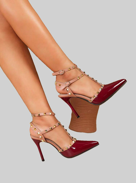 Burgundy Patent Leather Studded High Heel Sandals