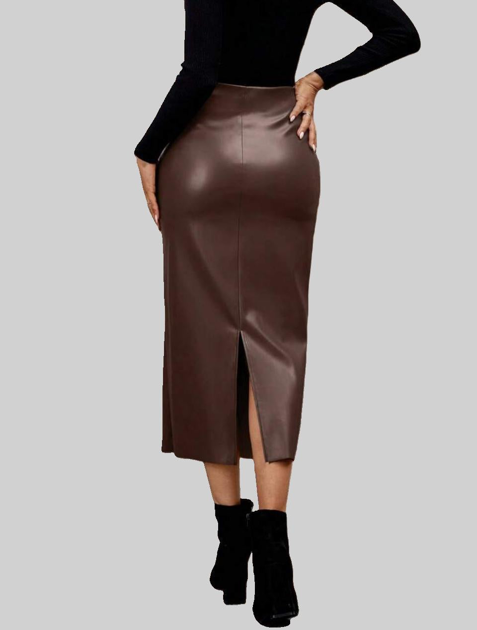 Choc Brown Faux Leather Midi Skirt