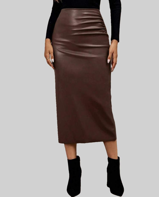 Choc Brown Faux Leather Midi Skirt