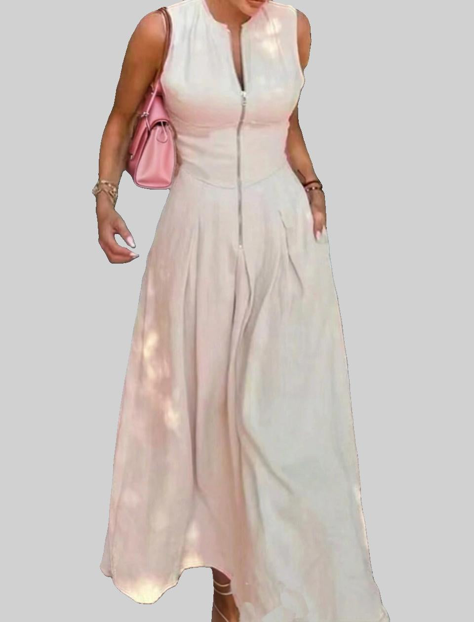 Beige Zip-Front Midi Dress