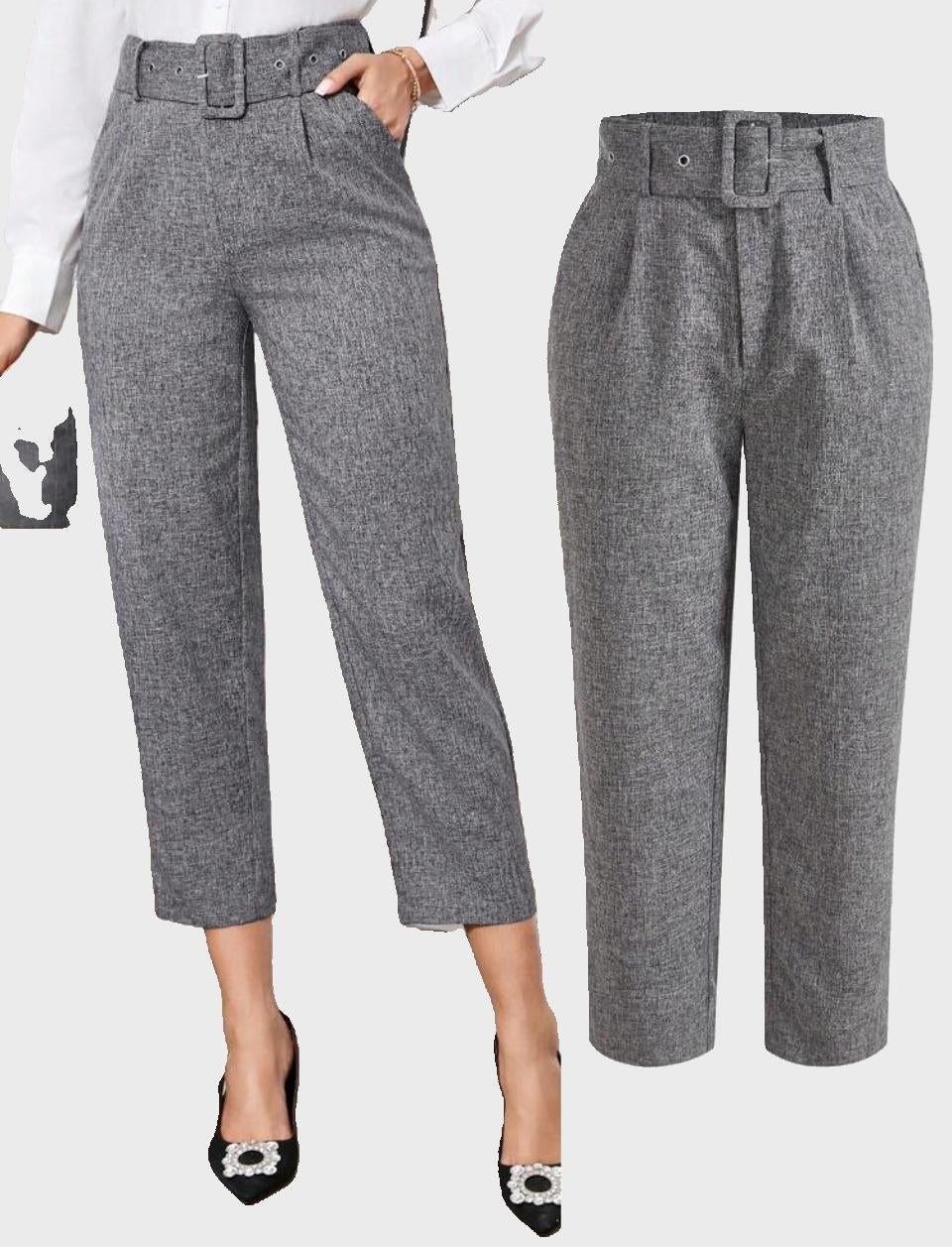 Grey High-Waisted Belted Tapered Pants
