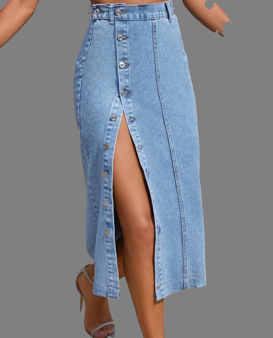 High-Waisted Button-Side Denim Midi Skirt