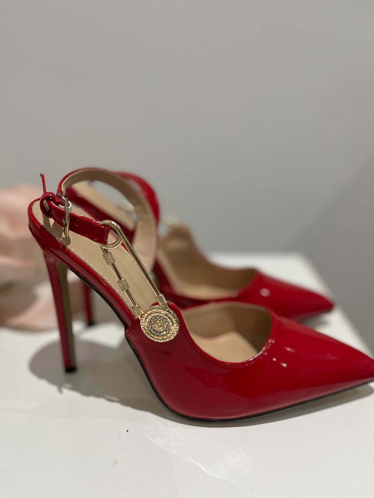 Red Stiletto Heel with Side Gold Pin