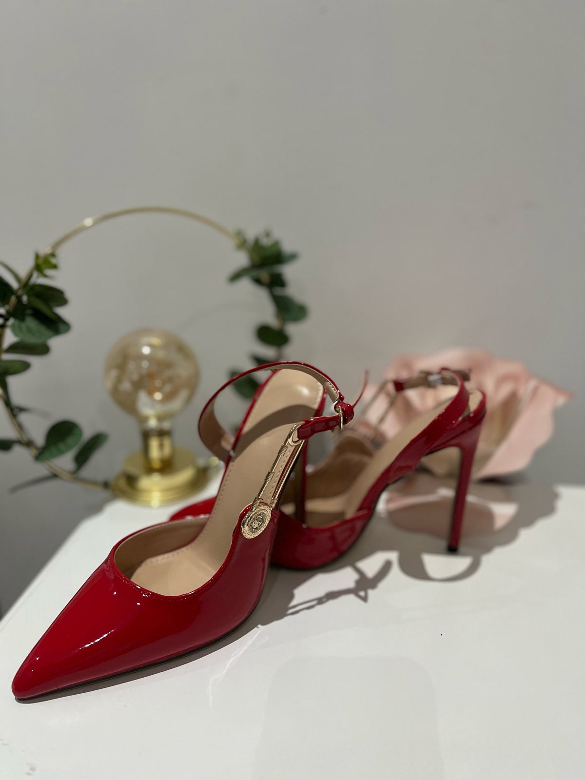Red Stiletto Heel with Side Gold Pin