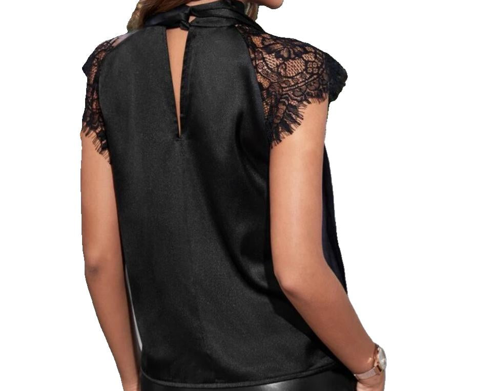 Black Satin Blouse with Lace Cap Sleeves and Bow Tie