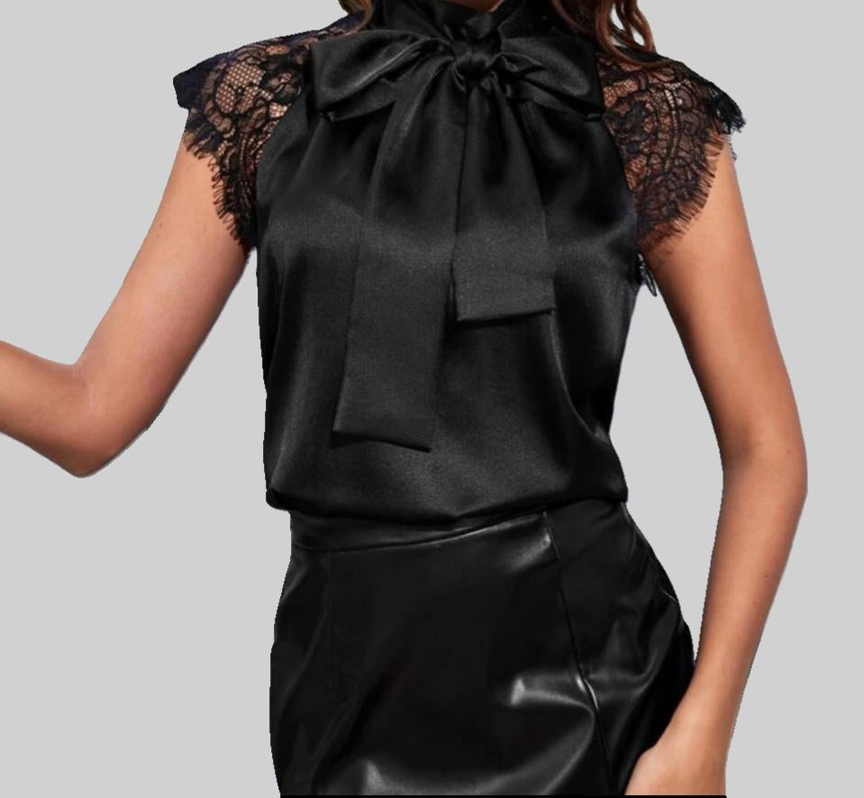 Black Satin Blouse with Lace Cap Sleeves and Bow Tie