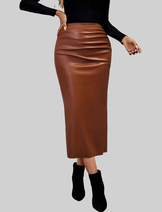 Tan Faux Leather Midi Skirt