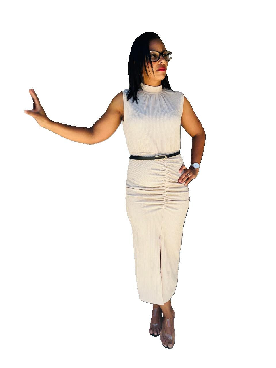 Beige Ruched Midi Dress with Front Slit