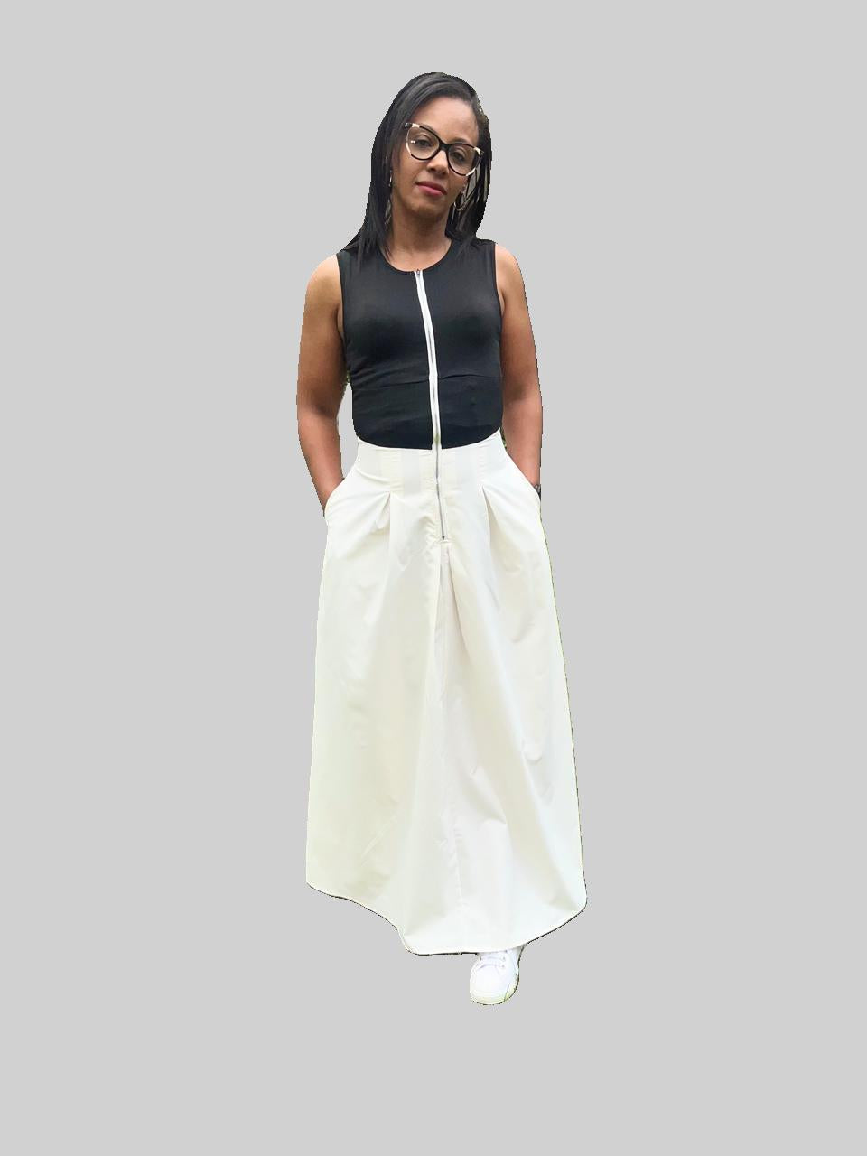 Two-Tone A-Line Maxi Dress with Pockets and Front Zip