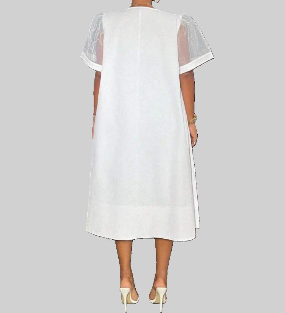White Curve Dress with Chiffon Short Sleeves