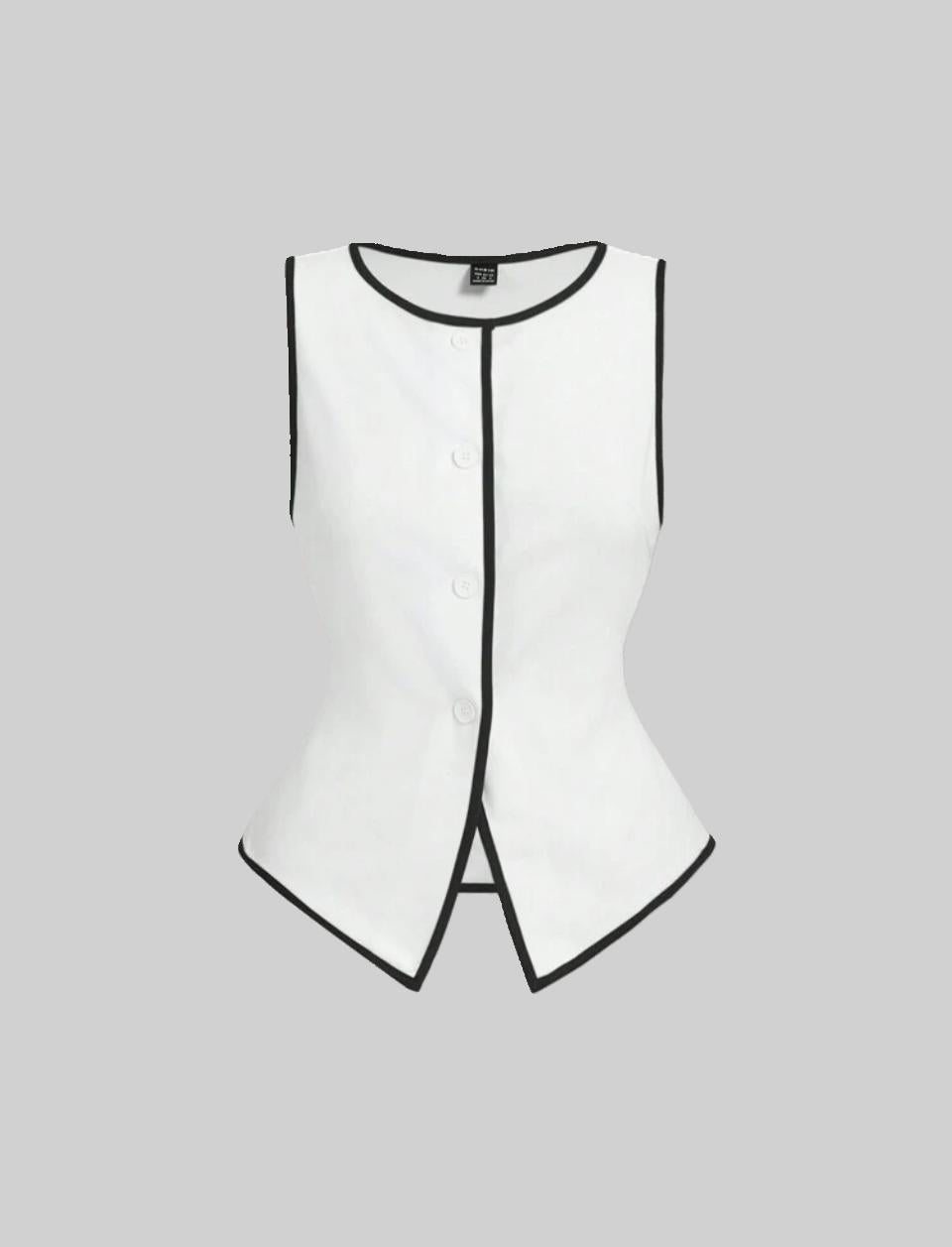 White Sleeveless Button-Up Vest with Black Trim