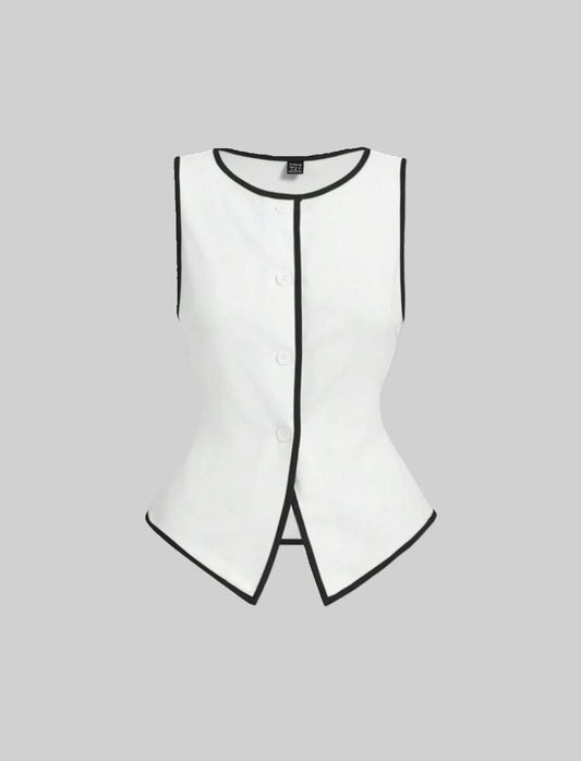 White Sleeveless Button-Up Vest with Black Trim