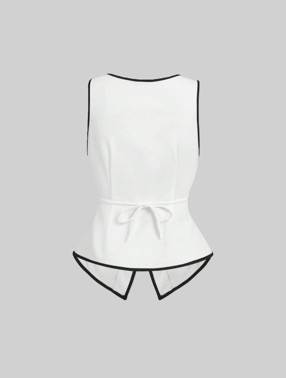 White Sleeveless Button-Up Vest with Black Trim