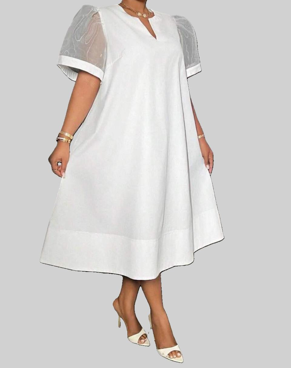 White Curve Dress with Chiffon Short Sleeves