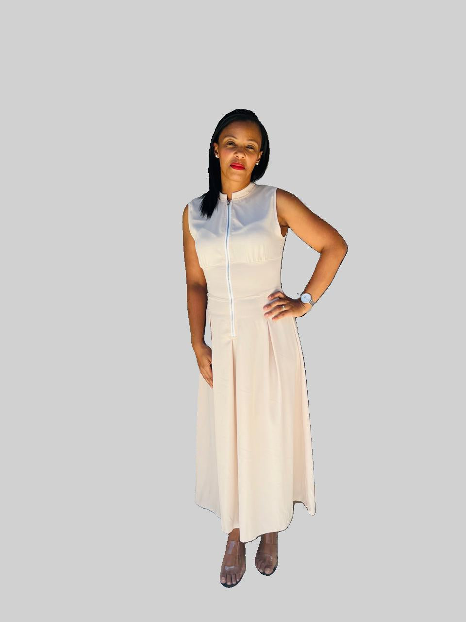 Beige Zip-Front Midi Dress